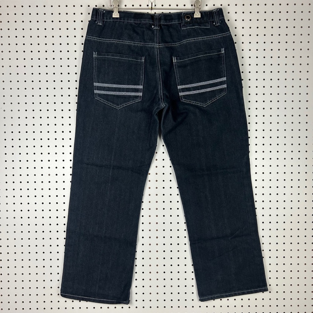 Koman Baggy Straight Jean 34x31 Dark Wash Blue Denim Gothic Skater Stitched Logo